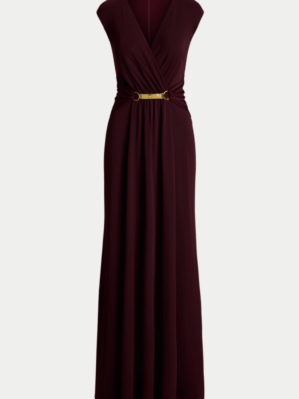 Ralph Lauren Sleeveless Wrap Maxi Dress in Deep Burgundy with Gold Buckle